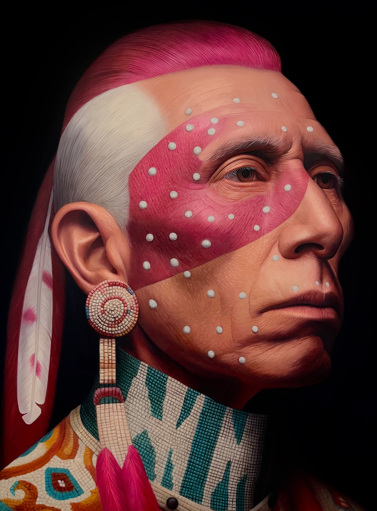 MEFREEK Seth Jennemann Original Oil Painting hyperrealistic portrait of a Native American man in profile with vivid pink face paint across the eyes and cheeks accented by evenly spaced white dot markings detailed skin texture and expressive features wearing a large circular beaded earring with geometric patterns and feather elements along with an intricately patterned garment in turquoise orange and cream tones set against a deep black background with dramatic lighting enhancing contrast depth and precision
