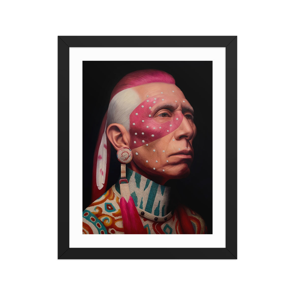 MEFREEK Seth Jennemann Open Edition Framed Print Life At The Dollar Store, hyperreal portrait of a Native American man in profile with vivid pink hair, traditional beadwork and feather earring, white dotted face paint and bold geometric patterns, dramatic lighting against a deep black background, surreal contemporary fine art style