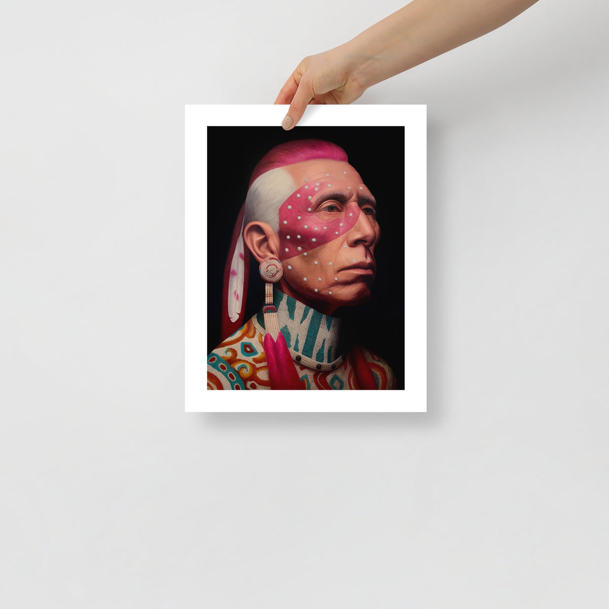 MEFREEK Seth Jennemann Open Edition Print hyper realistic portrait of a Native American man with pink face paint and white dotted markings, detailed beadwork and patterned clothing, vivid pink hair, shown as a physical fine art print held by a hand against a clean minimal background