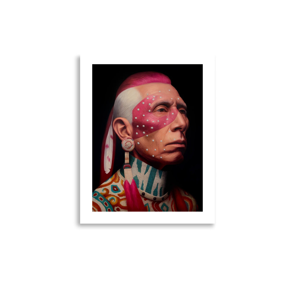 MEFREEK Seth Jennemann Open Edition Print portrait of a Native American man with pink geometric face paint and white dotted markings, hyper realistic oil painting style with dramatic lighting, intricate beadwork earring and patterned garment, vivid pink hair against a deep black background