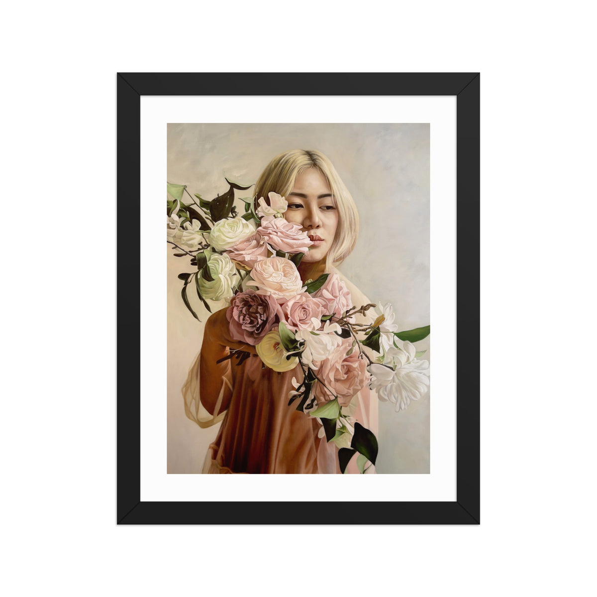 MEFREEK Seth Jennemann Open Edition Print “Lizzie” — hyperreal portrait of a woman with short blonde hair holding a lush bouquet of pink and white flowers against a pale neutral background, framed in black with a white mat border.