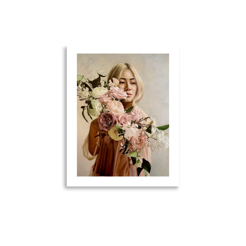 MEFREEK Seth Jennemann Open Edition Print “Lizzie” — fine art print of a serene woman surrounded by pale pink and ivory blooms, rendered in a soft hyperreal style with muted beige and cream background tones.