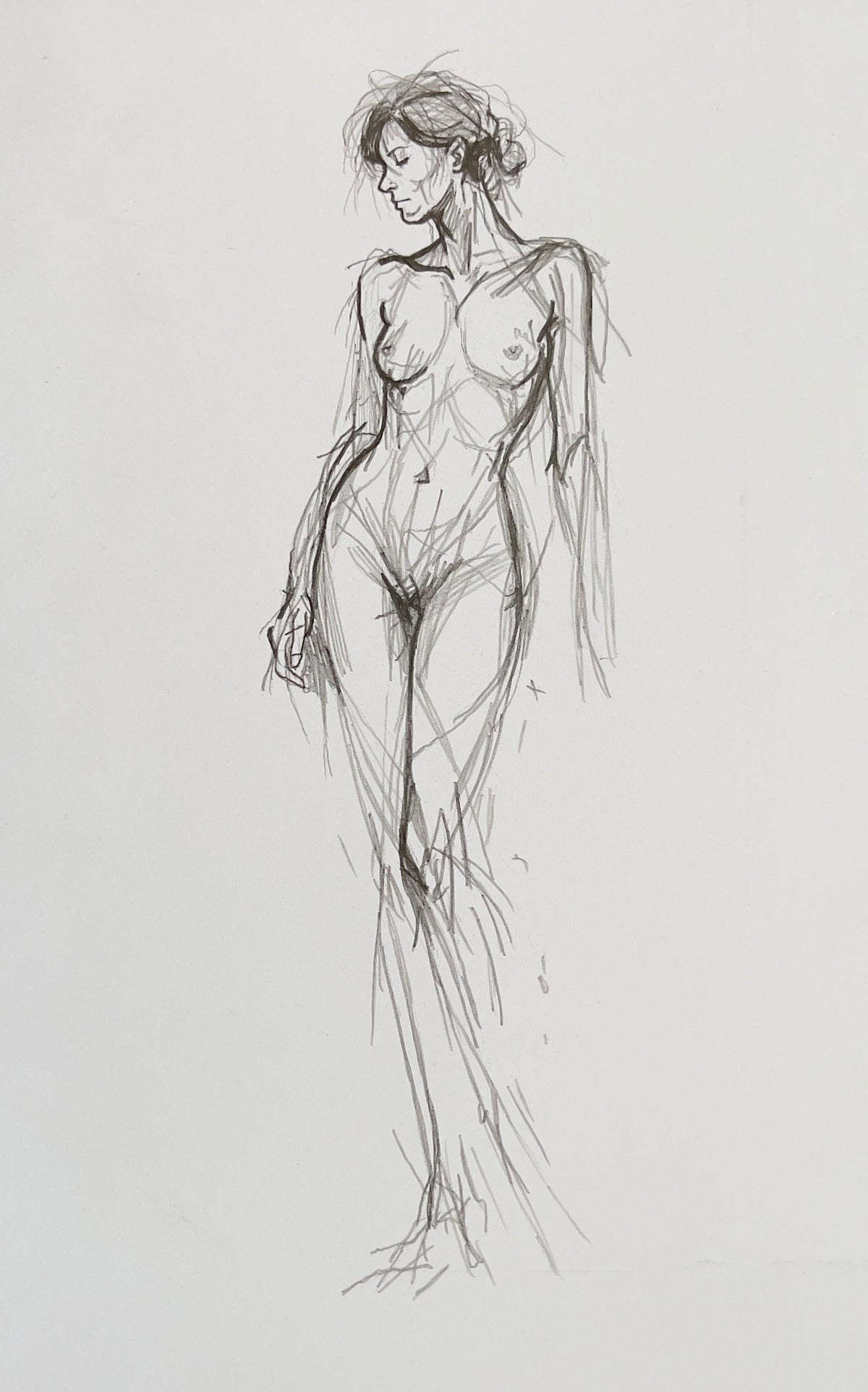 MEFREEK Seth Jennemann Graphite Pencil Gesture Drawing of a standing nude female figure with elongated proportions, loose expressive line work, and dynamic sketch marks emphasizing movement, form, and anatomical flow