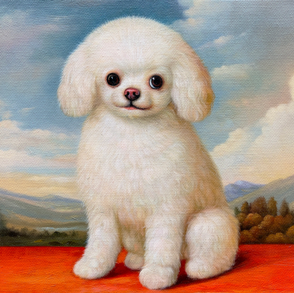 MEFREEK Seth Jennemann Painting Look oil painting of a small white dog with rounded fluffy ears sitting on a bright orange ledge with a blue sky and distant landscape background, painted in the style of an old master animal portrait with textured canvas and soft classical lighting.