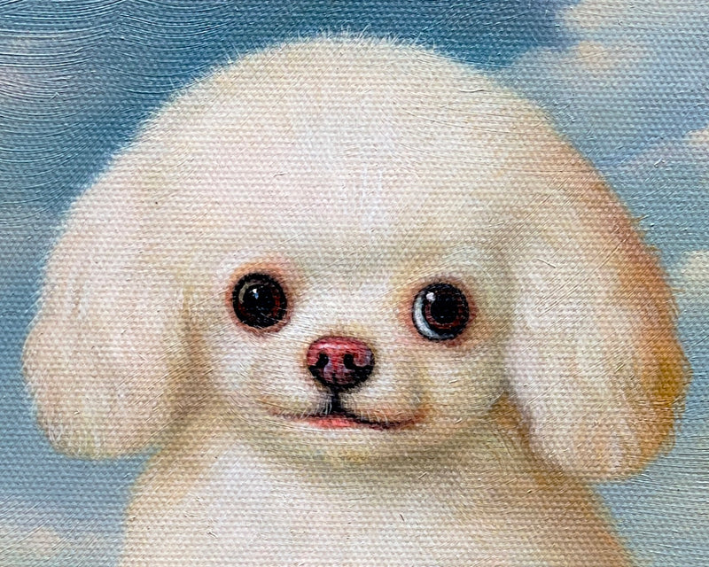 MEFREEK Seth Jennemann Painting Look close up oil painting of a small white dog with large round eyes and a slight smile, textured canvas visible, classical portrait style inspired by old master paintings with soft sky background.