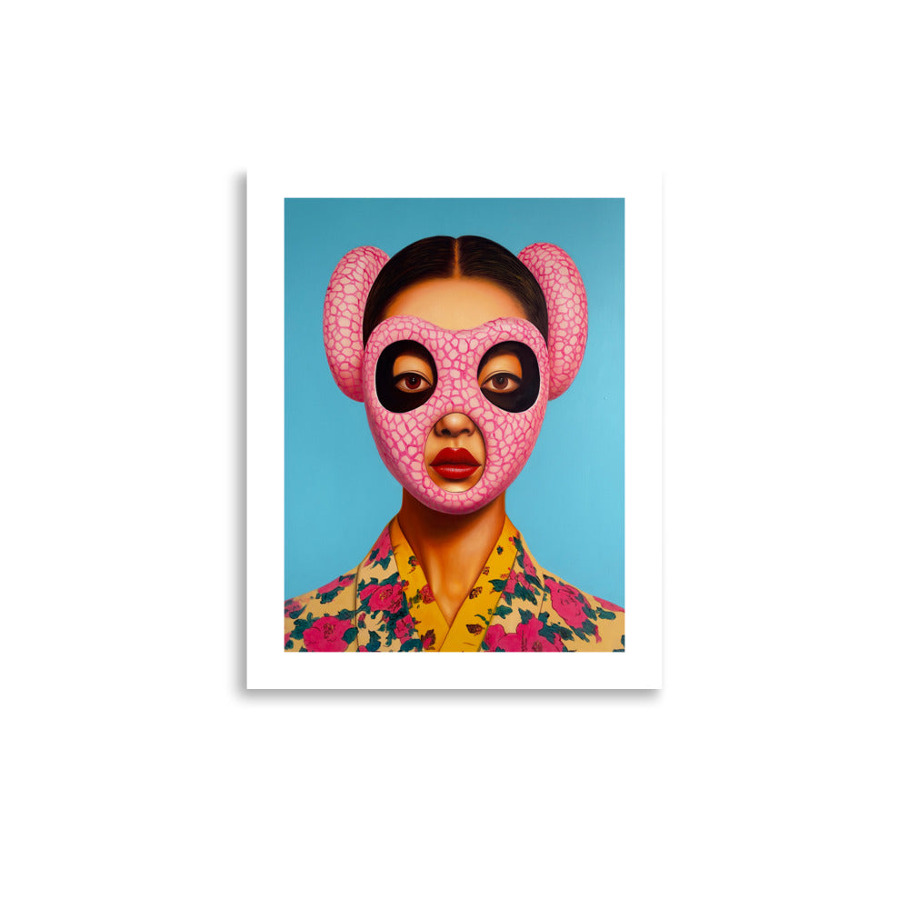 MEFREEK Seth Jennemann Open Edition Print “Melancholy And The Fleshlight Of Sadness” — contemporary surreal oil-style portrait featuring bold pink and yellow tones, with a woman’s face half concealed by a sculptural mask, rendered in a hyperreal finish against a flat blue backdrop.