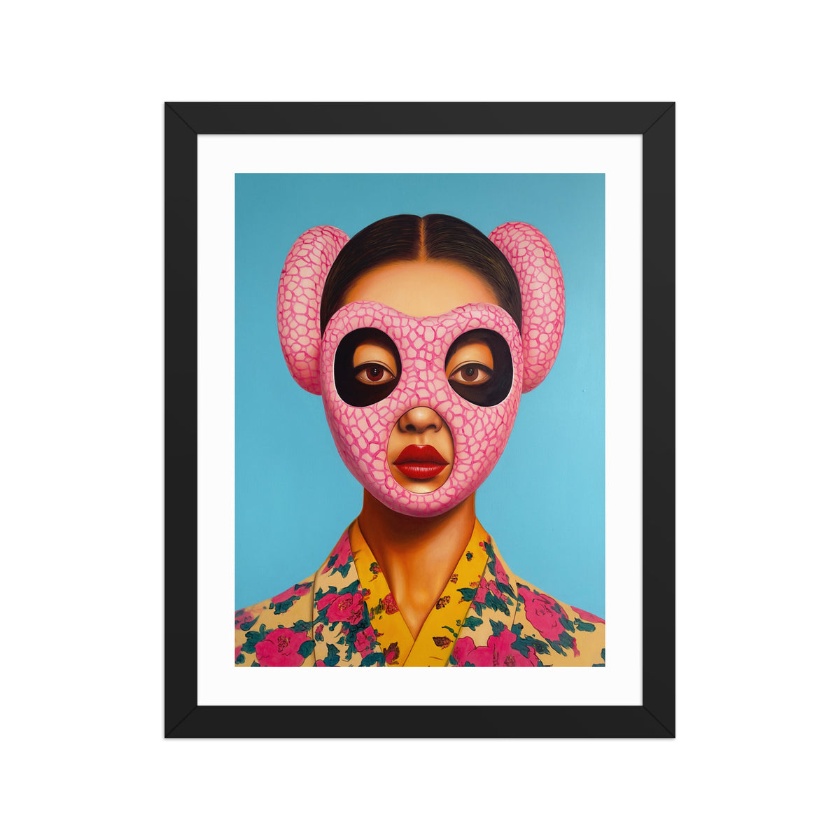 MEFREEK Seth Jennemann Open Edition Print “Melancholy And The Fleshlight Of Sadness” — surreal hyperreal portrait of a woman wearing a textured pink cybernetic mask with rounded ear-like shapes and black eye openings, against a turquoise blue background, dressed in a floral-patterned yellow shirt, framed in black with white matting.