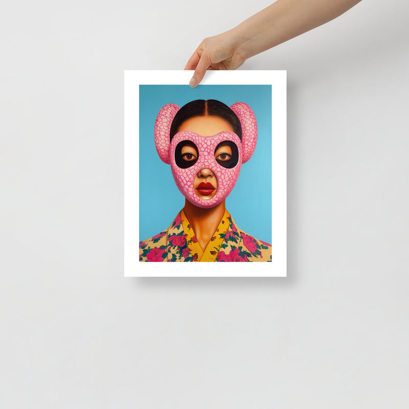 MEFREEK Seth Jennemann Open Edition Print “Melancholy And The Fleshlight Of Sadness” — fine art print showing a woman in a pink cracked-pattern mask and floral clothing, held by hand against a neutral background to show scale.
