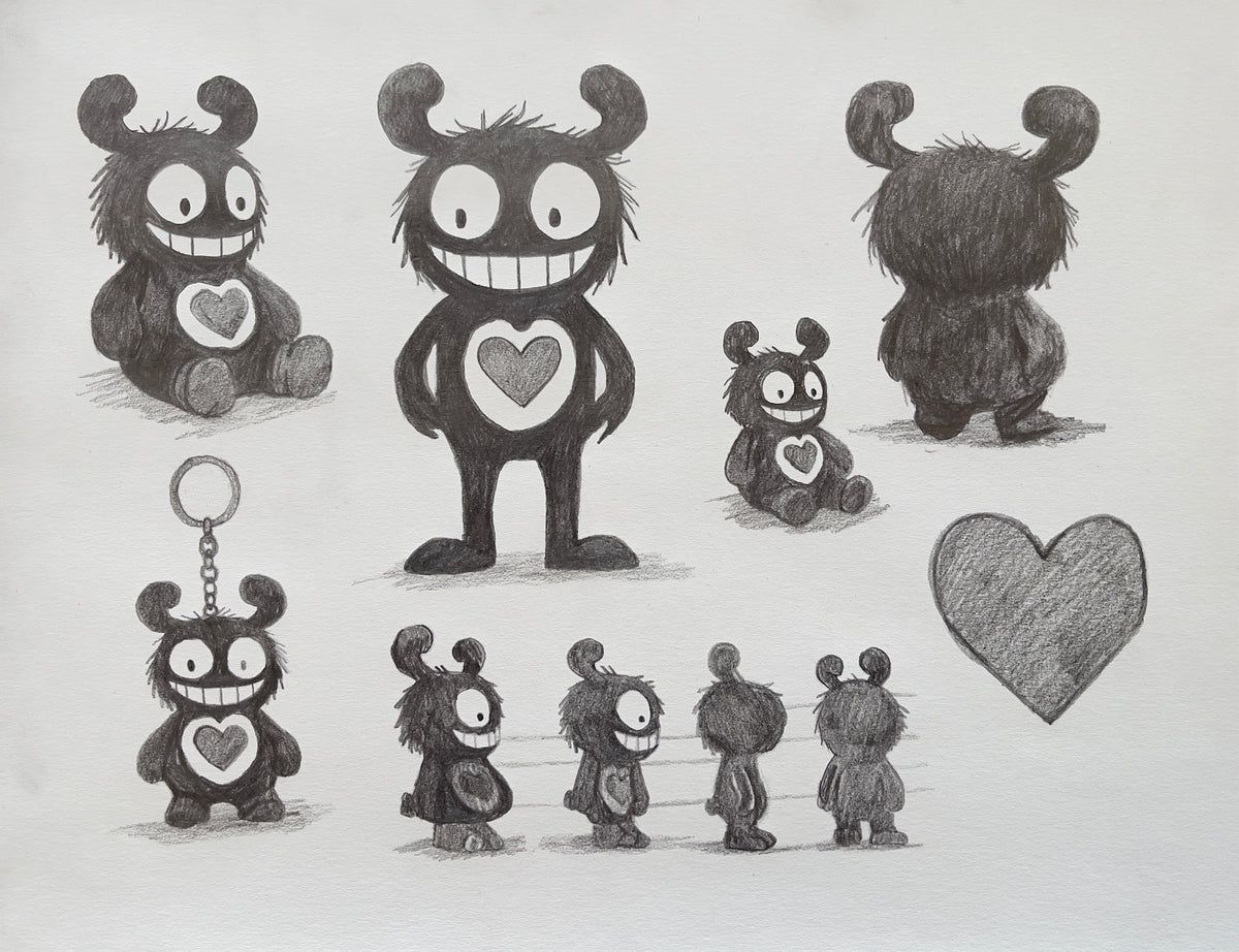 MEFREEK Seth Jennemann Graphite Pencil Drawing playful cartoon MEFREEK character turnaround sheet featuring a fuzzy horned creature with a wide grin heart chest symbol multiple poses front back side views and keychain variation clean shading on textured paper Seff