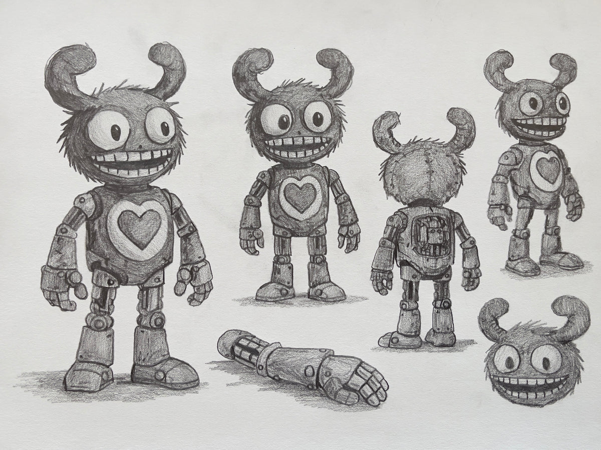 MEFREEK Seth Jennemann Graphite Pencil Drawing robotic version of a horned cartoon MEFREEK character with mechanical limbs segmented joints heart chest detail multiple angles including front back and head study with a detached arm component on textured paper Seff