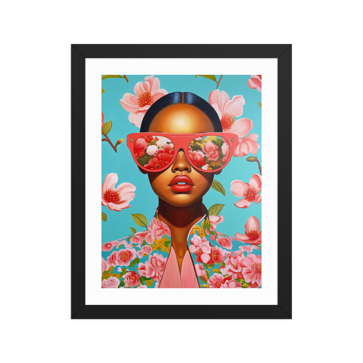 MEFREEK Seth Jennemann Open Edition Print Now With Less Feeling framed in black; a hyperreal portrait of a woman in bright floral jacket and coral sunglasses reflecting pink blossoms against a turquoise background, painted in vibrant contemporary pop surrealist style.