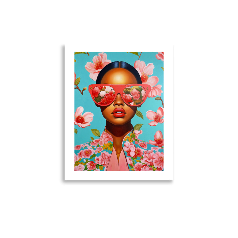 MEFREEK Seth Jennemann Open Edition Print Now With Less Feeling unframed; hyperreal pop surrealist portrait featuring mirrored pink sunglasses reflecting flowers, floral attire, and turquoise sky background.