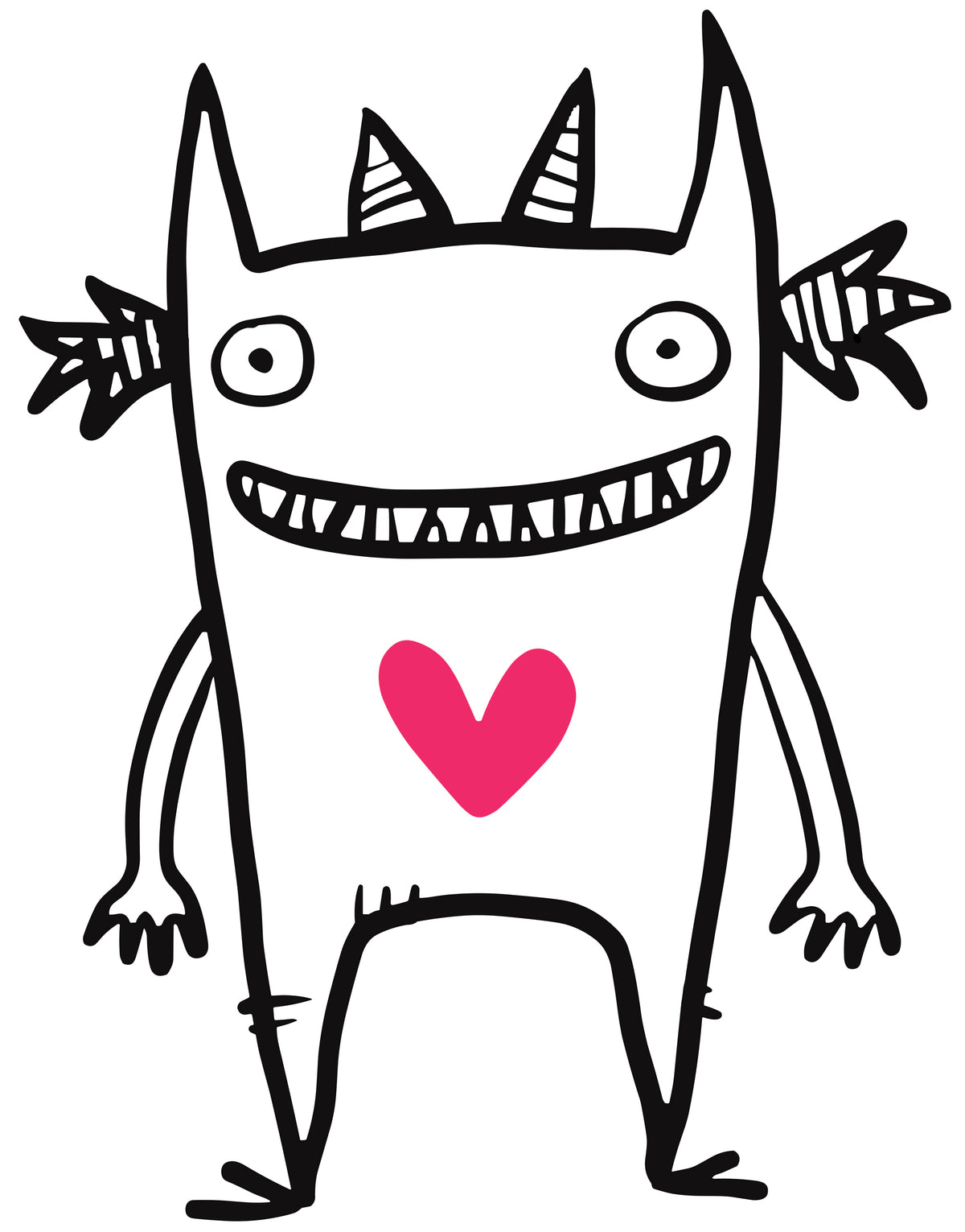 MEFREEK Seth Jennemann Jentlefriend character Nibbles with tall pointed ears, striped horns, and a bright pink heart on its chest. Playful black and white cartoon with bold magenta accent, wide grin, and expressive linework.