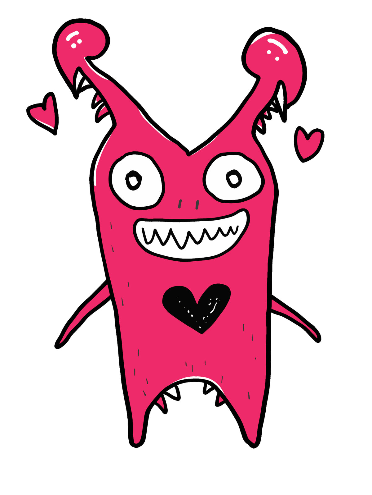 MEFREEK Seth Jennemann Jentlefriend character Pincer, a pink creature with antennae-like horns, sharp teeth, and a black heart on its torso. Bold pop surreal cartoon design with vibrant color contrast and humorous monster charm.
