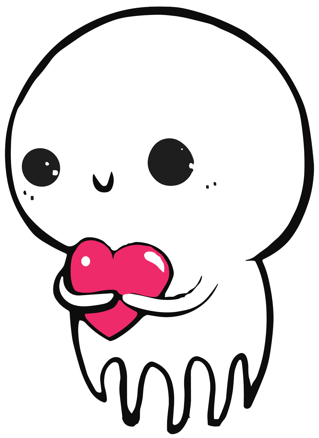 MEFREEK Seth Jennemann Jentlefriend character Pipp, a small rounded creature with soft tentacle-like limbs holding a shiny pink heart. Cute minimalist design with black line art and pop color accent for modern cartoon appeal.
