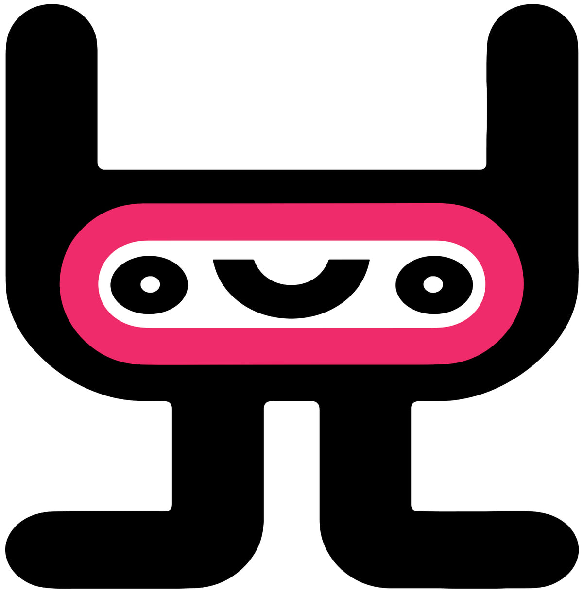 MEFREEK Seth Jennemann Jentlebot Plibble – bold black-and-pink robot character with rectangular face, round eyes, and wide curved smile, minimalist pop vector design with playful futuristic style.
