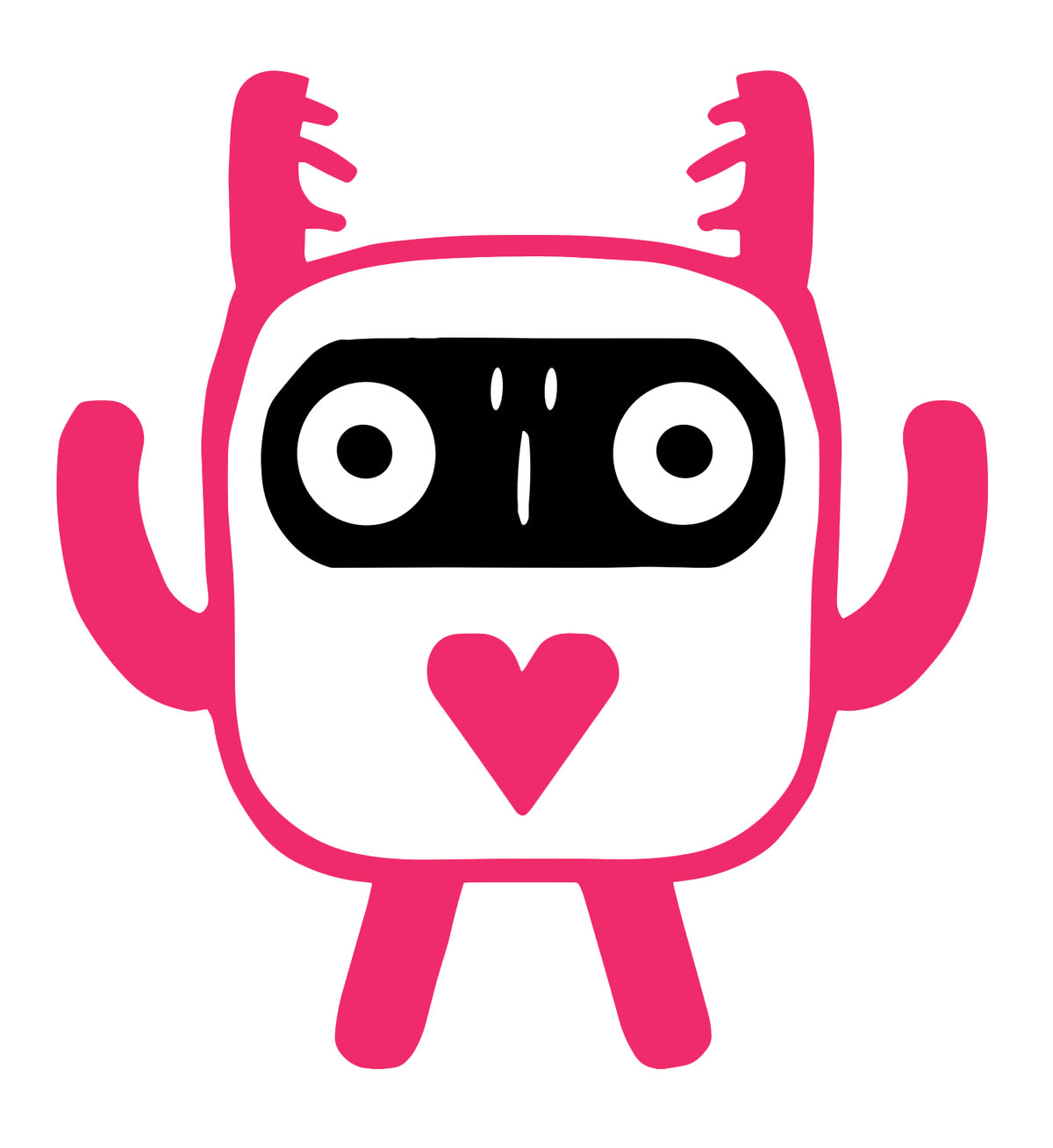 MEFREEK Seth Jennemann Jentlebot Plonk – white square-bodied robot with black oval mask, wide eyes, and pink antler arms, heart symbol on chest, vibrant geometric pop vector character.
