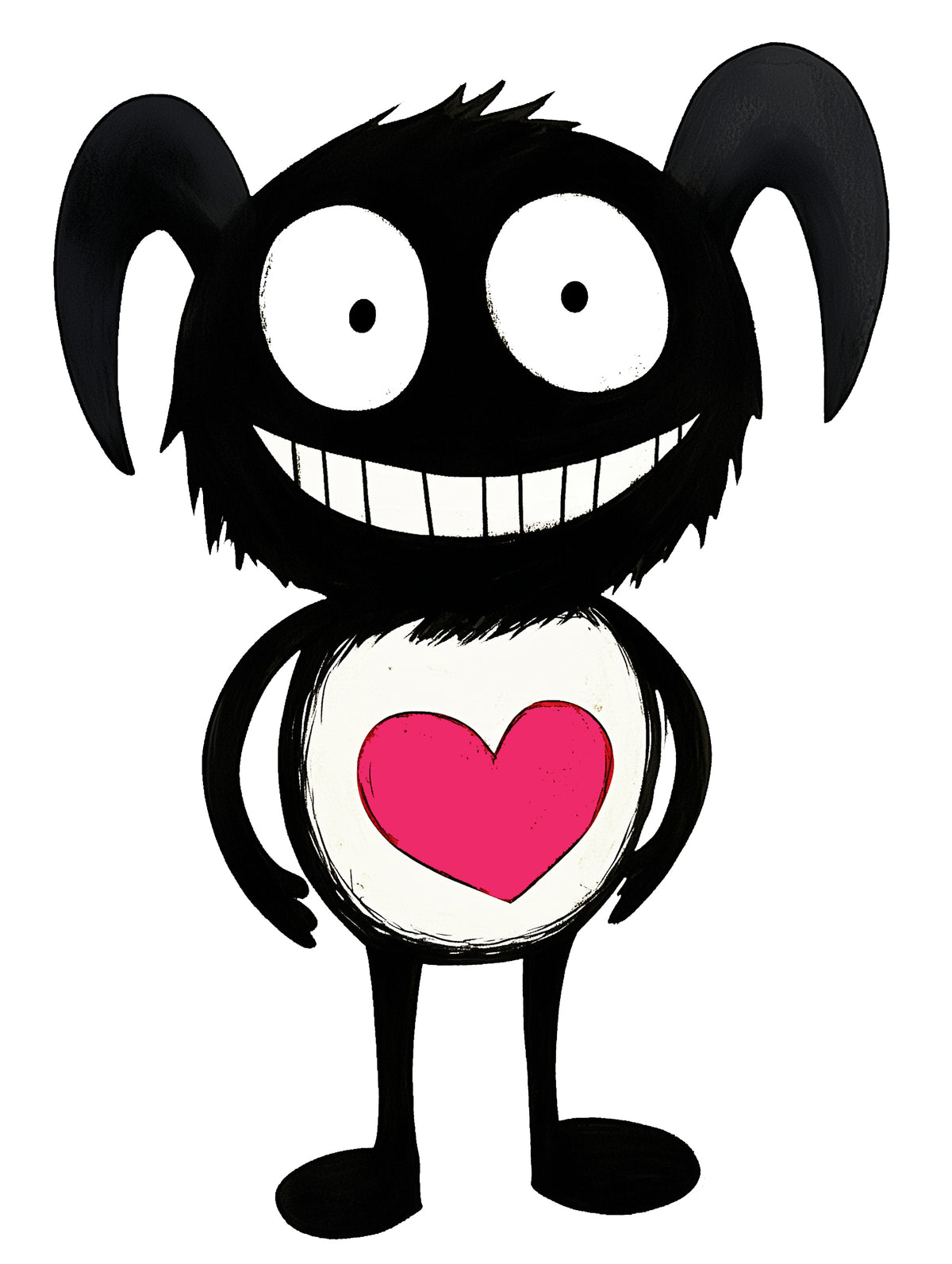 MEFREEK Seth Jennemann Pluma – black MEFREEK creature with curved horns, wide eyes, and bright pink heart, rendered in smooth painterly vector style with subtle shading and textured contrast.
