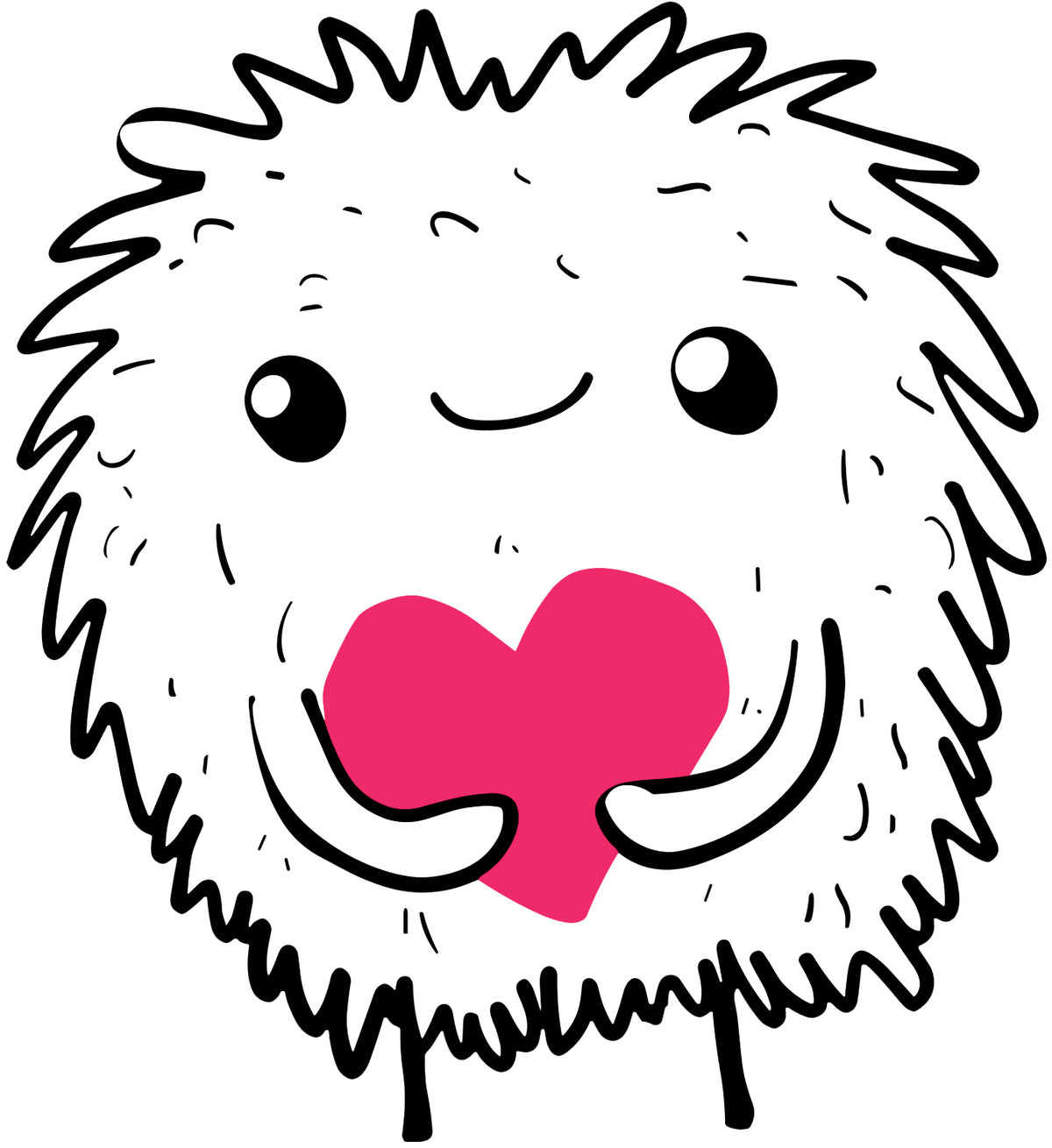 MEFREEK Seth Jennemann Jentlefriend character Poofy, a round furry creature with a gentle smile holding a bright pink heart. Black and white line art with fluffy cartoon texture and cheerful minimalist aesthetic.

