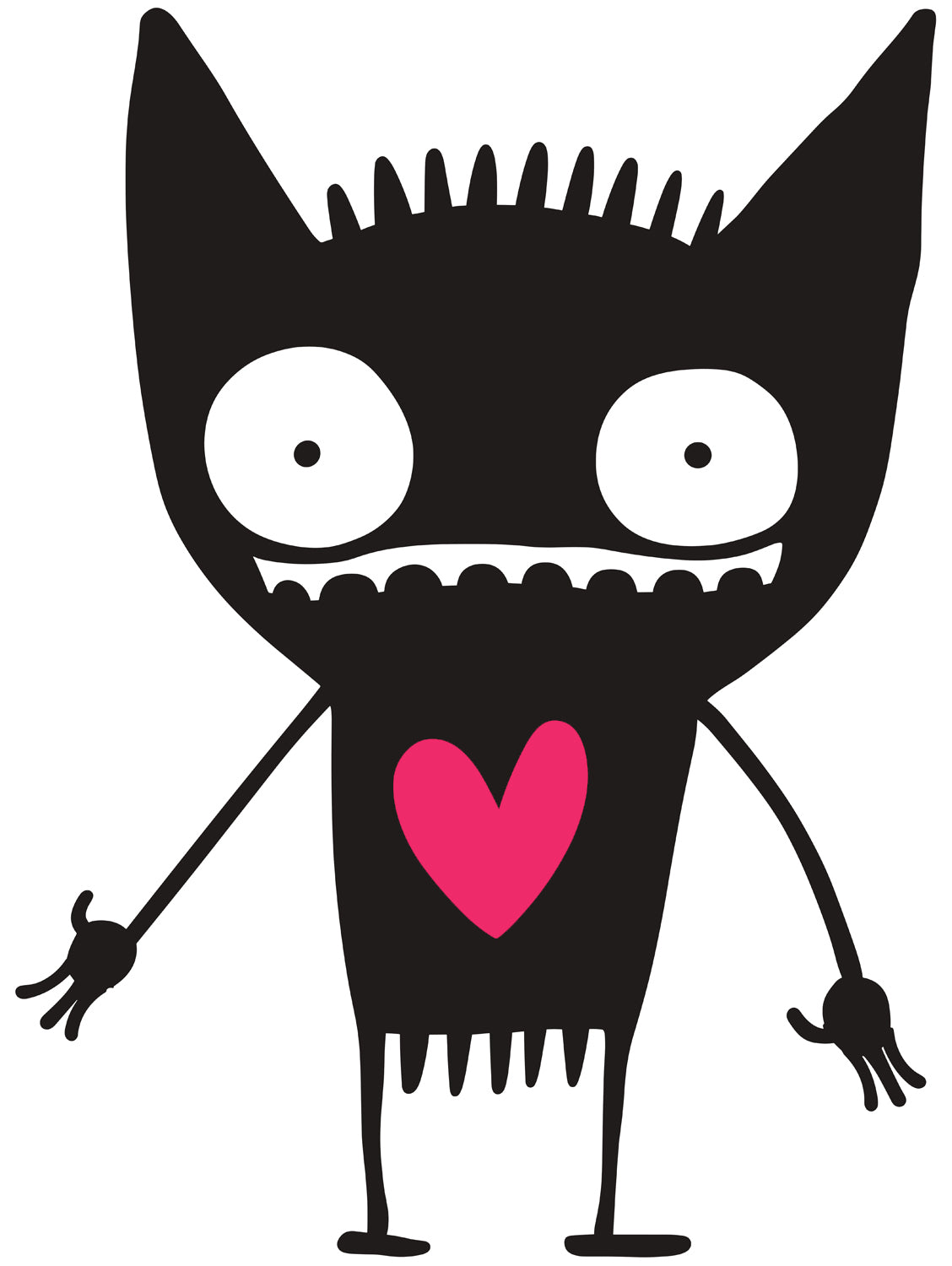 MEFREEK Seth Jennemann Jentlefriend character Prickle, a dark spiky creature with oversized eyes and a vivid pink heart on its chest. Playful surreal cartoon style with striking contrast and bold pop-inspired design.
