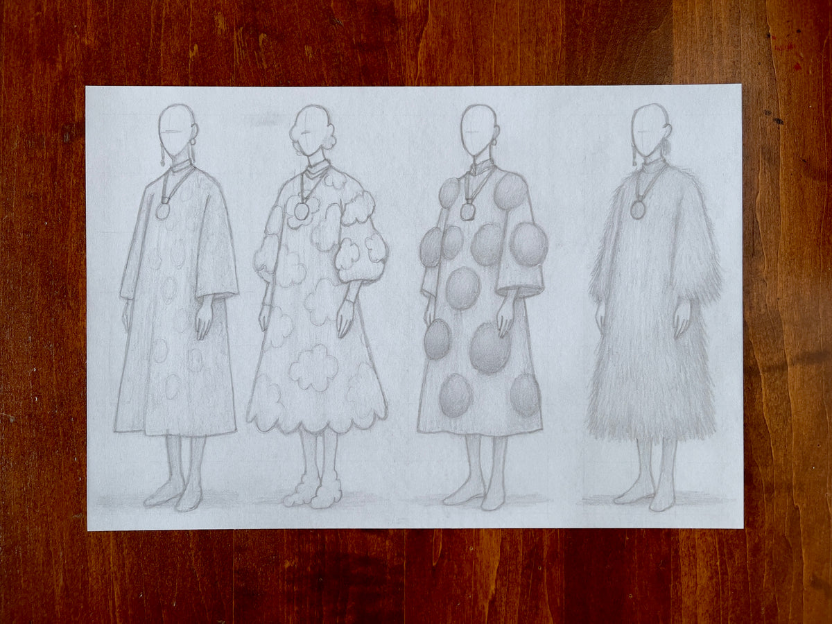 Seth Jennemann MEFREEK Quannah Chasinghorse – pencil drawing in contemporary fashion illustration style featuring four faceless croquis figures wearing conceptual garments with cloud, sphere, and fur-like textures, inspired by sculptural couture and Indigenous adornment motifs.
