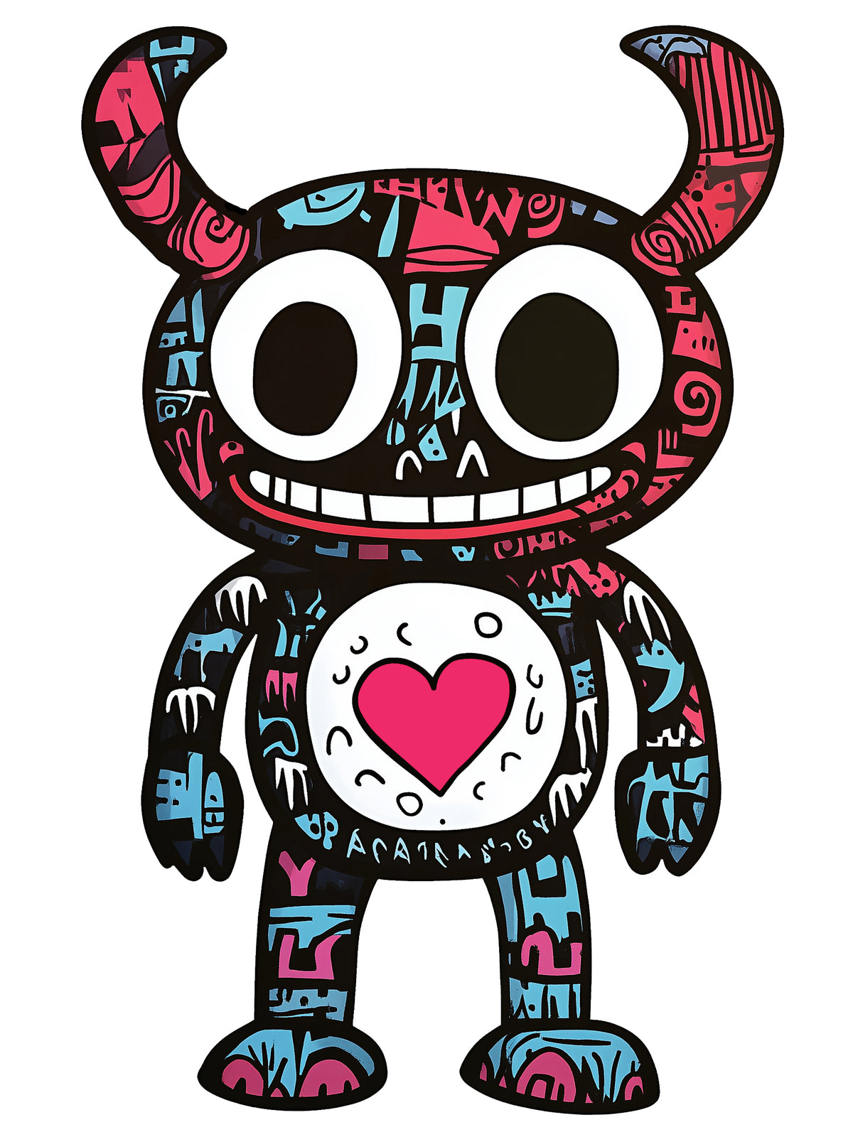 MEFREEK Seth Jennemann Quivvy – multicolored MEFREEK character covered in pink, blue, and black abstract glyphs with a bright pink heart at center, pop-surreal graffiti-inspired vector artwork with bold geometric symmetry.
