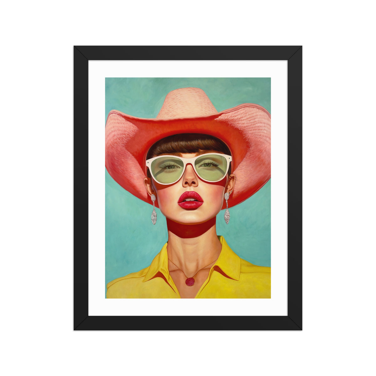 MEFREEK Seth Jennemann Open Edition Print Rooms Full Of Empty People framed in black; hyperreal portrait of a woman wearing a coral cowboy hat, green-tinted sunglasses, and yellow shirt against a teal background, styled in pop surrealist realism with vivid color contrast.