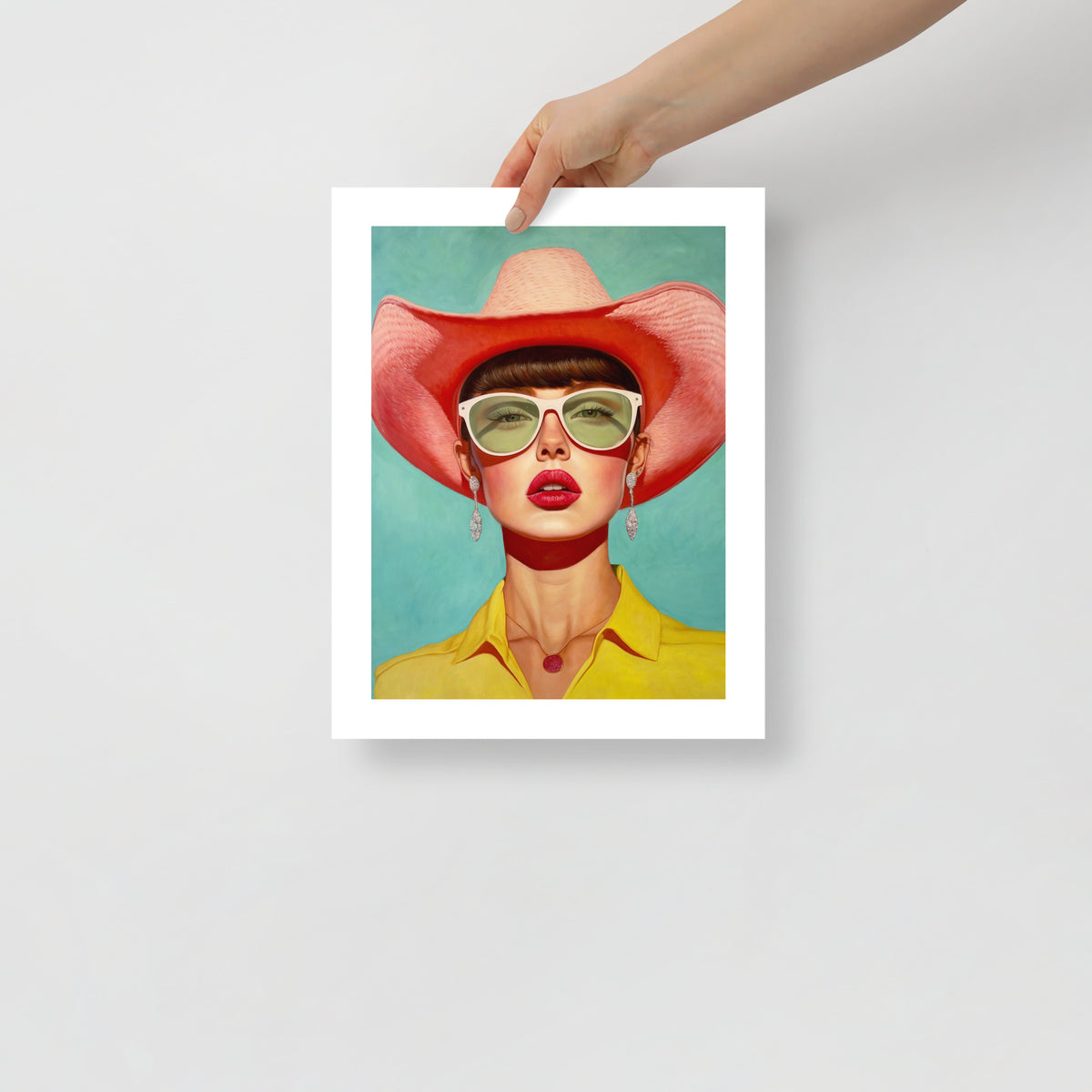 MEFREEK Seth Jennemann Open Edition Print Rooms Full Of Empty People being held; vivid oil-style painting of a stylish woman in oversized sunglasses and a pink cowboy hat, rendered in bold contemporary realism with saturated tones.