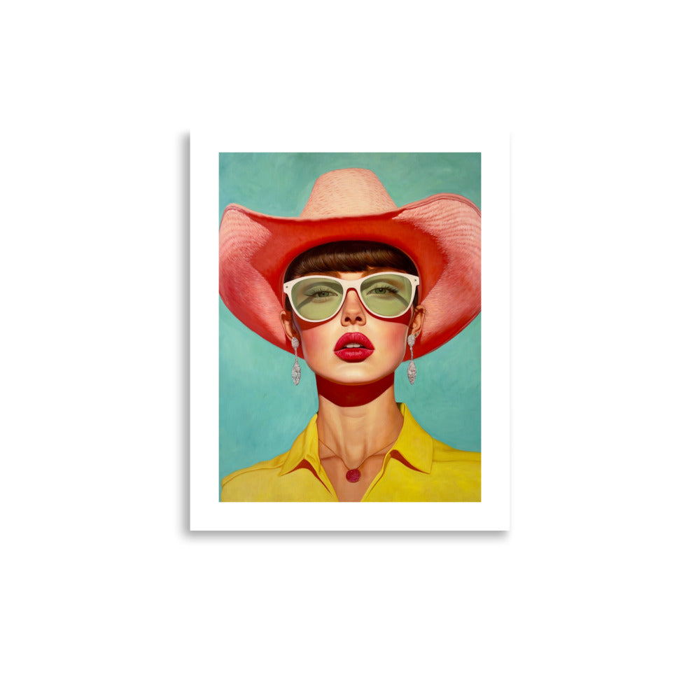 MEFREEK Seth Jennemann Open Edition Print Rooms Full Of Empty People unframed; close-up hyperreal portrait with sharp lighting and vibrant palette, featuring pink hat, green glasses, and yellow blouse against turquoise backdrop.