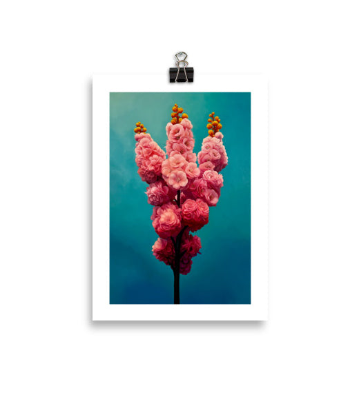 MEFREEK Seth Jennemann Open Edition Print Reaching For Relevance fine art print showing a tall surreal botanical form with pink and coral flowers on a dark stem, set against a teal-blue backdrop, contemporary hyperreal floral oil painting.