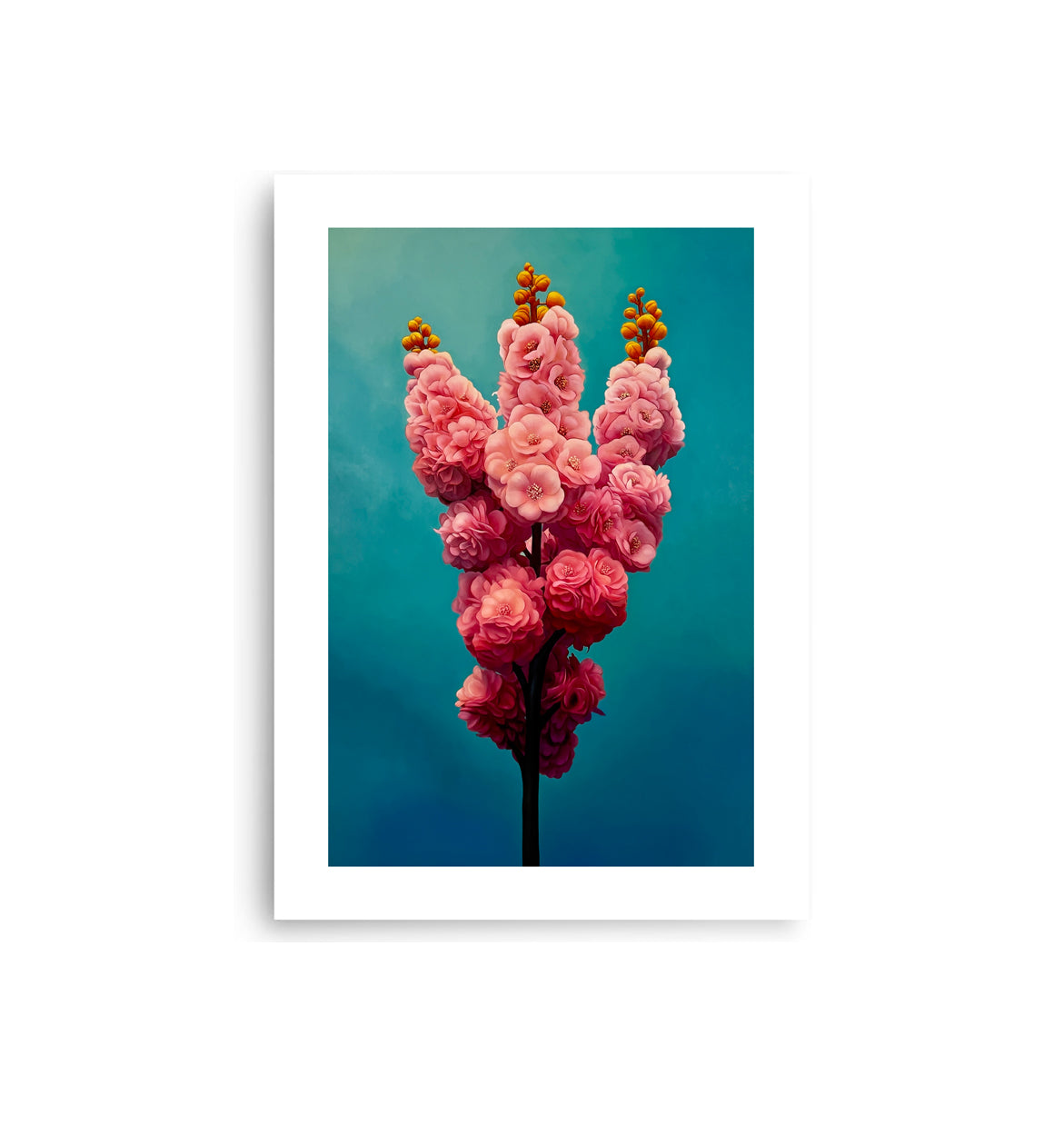 MEFREEK Seth Jennemann Open Edition Print Reaching For Relevance unframed art print of a stylized flower cluster with layered pink blooms and golden buds, minimalist surreal oil painting on a teal background with smooth tonal depth.