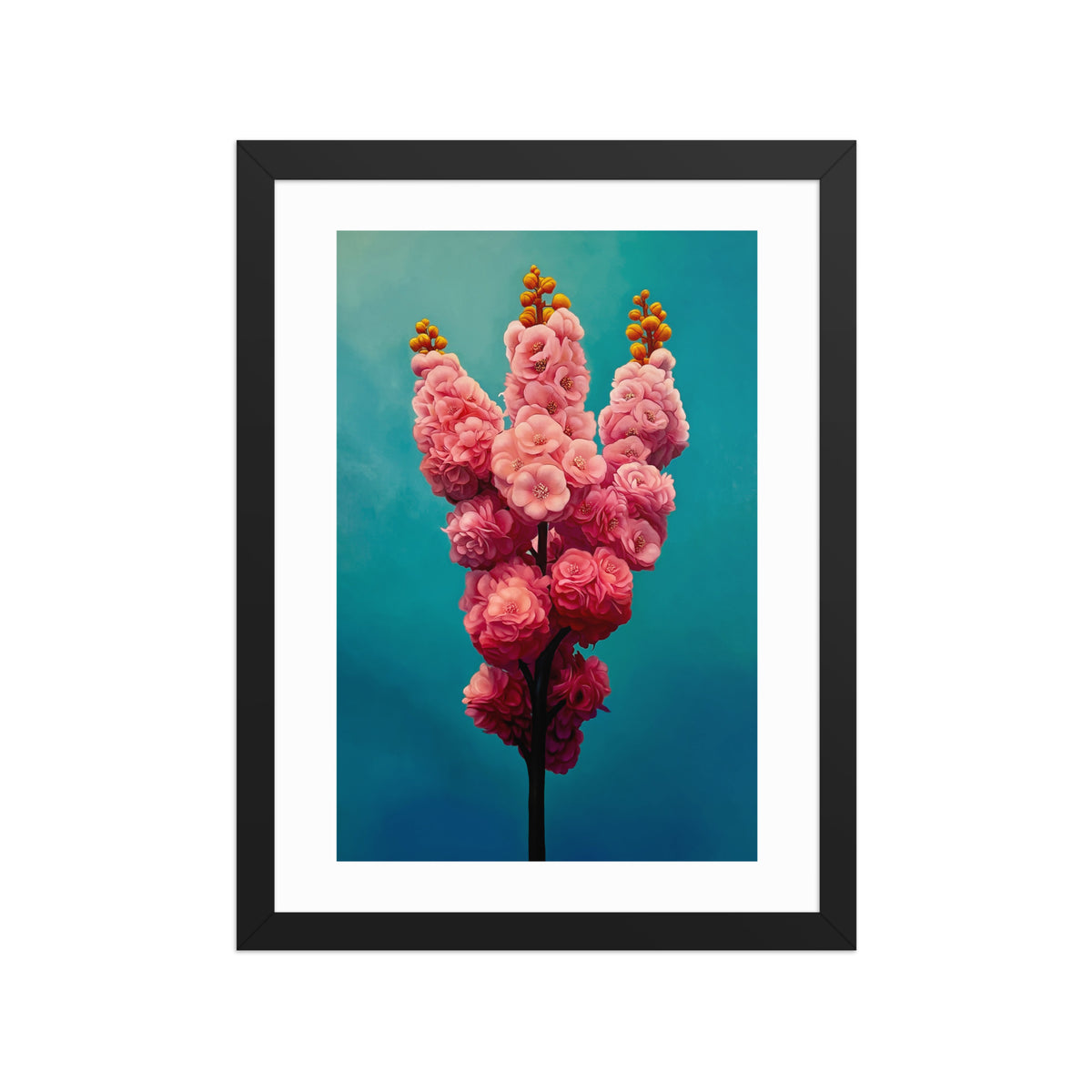 MEFREEK Seth Jennemann Open Edition Print Reaching For Relevance framed wall art featuring a surreal pink floral structure resembling clustered blossoms against a deep teal gradient background, hyperreal oil painting exploring beauty and meaning.