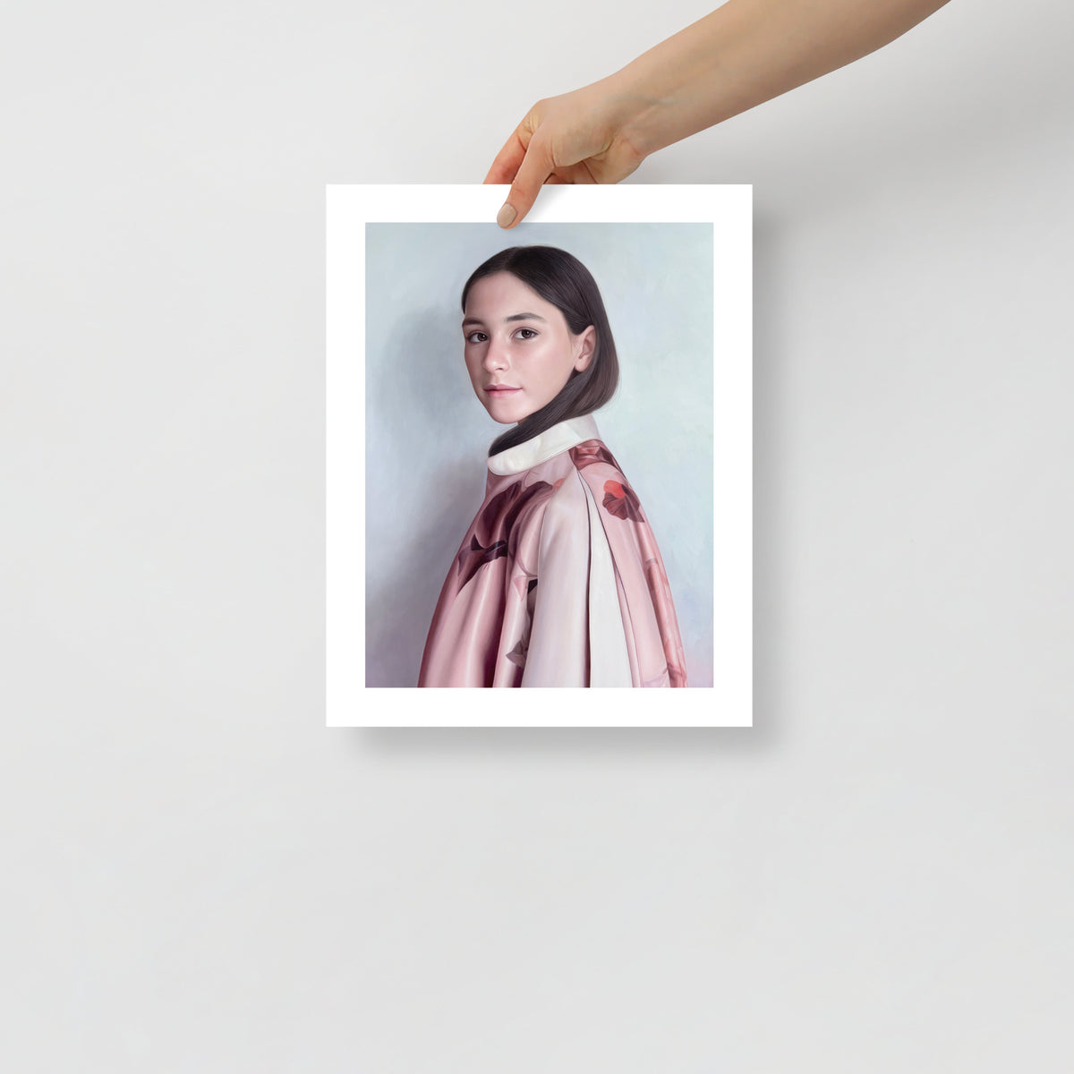 MEFREEK Seth Jennemann Open Edition Print Rome Wasn't Programmed In A Day being held; hyperreal portrait of a young woman in pale pink coat with soft floral reflections, painted in smooth digital realism with muted tones and a futuristic stillness.