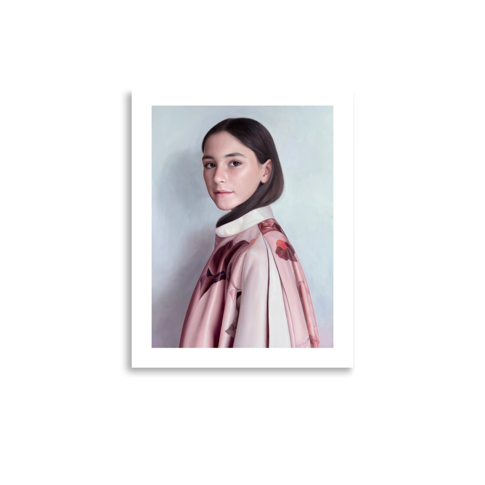 MEFREEK Seth Jennemann Open Edition Print Rome Wasn't Programmed In A Day unframed; detailed hyperreal oil-style portrait of a girl in a rose-toned satin coat against a pale gray background, minimalist contemporary realism with subtle light gradients.