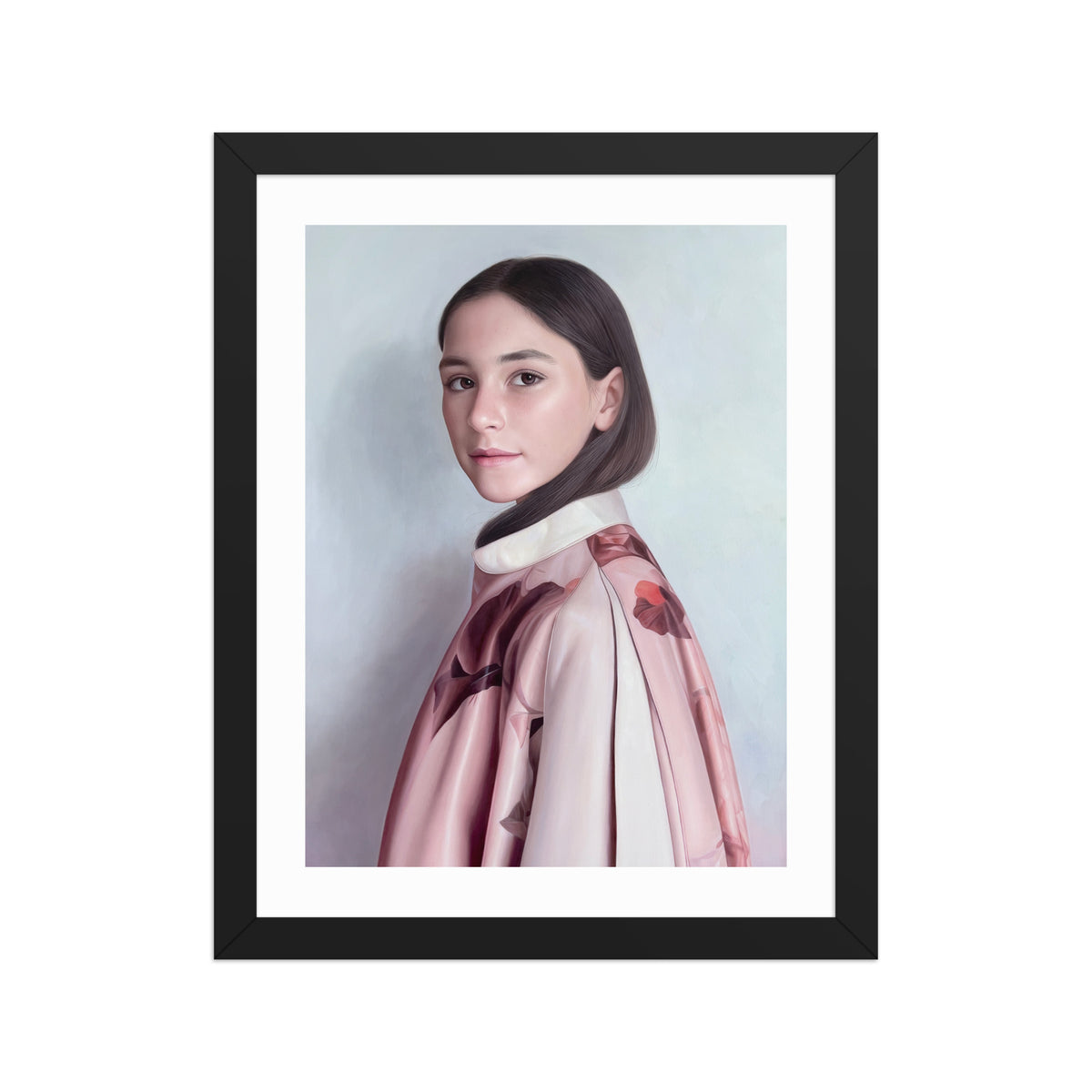 MEFREEK Seth Jennemann Open Edition Print Rome Wasn't Programmed In A Day framed in black; luminous portrait of a young female operative with composed gaze and pink silk coat, blending classical portraiture with futuristic narrative realism.