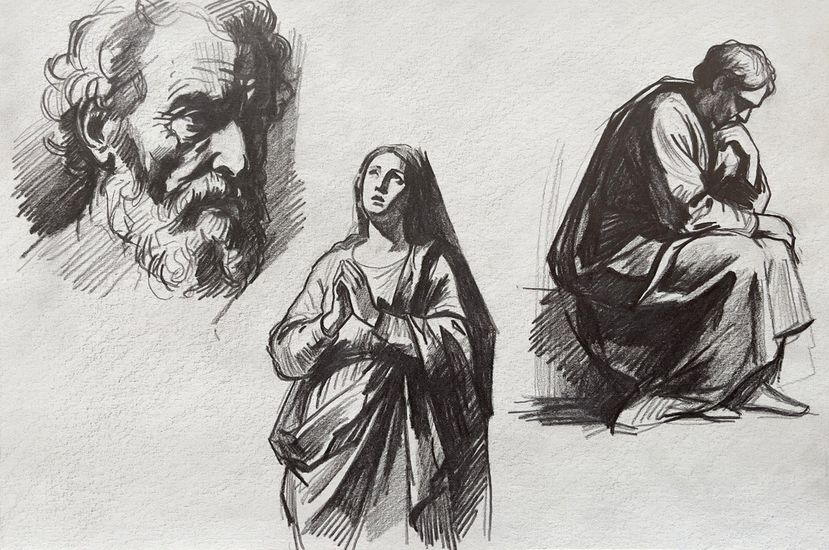 MEFREEK Seth Jennemann Dramatic Charcoal Style Study featuring religious figures including a praying woman and seated contemplative man with bold contrast heavy shadow and expressive line work inspired by classical themes on textured paper