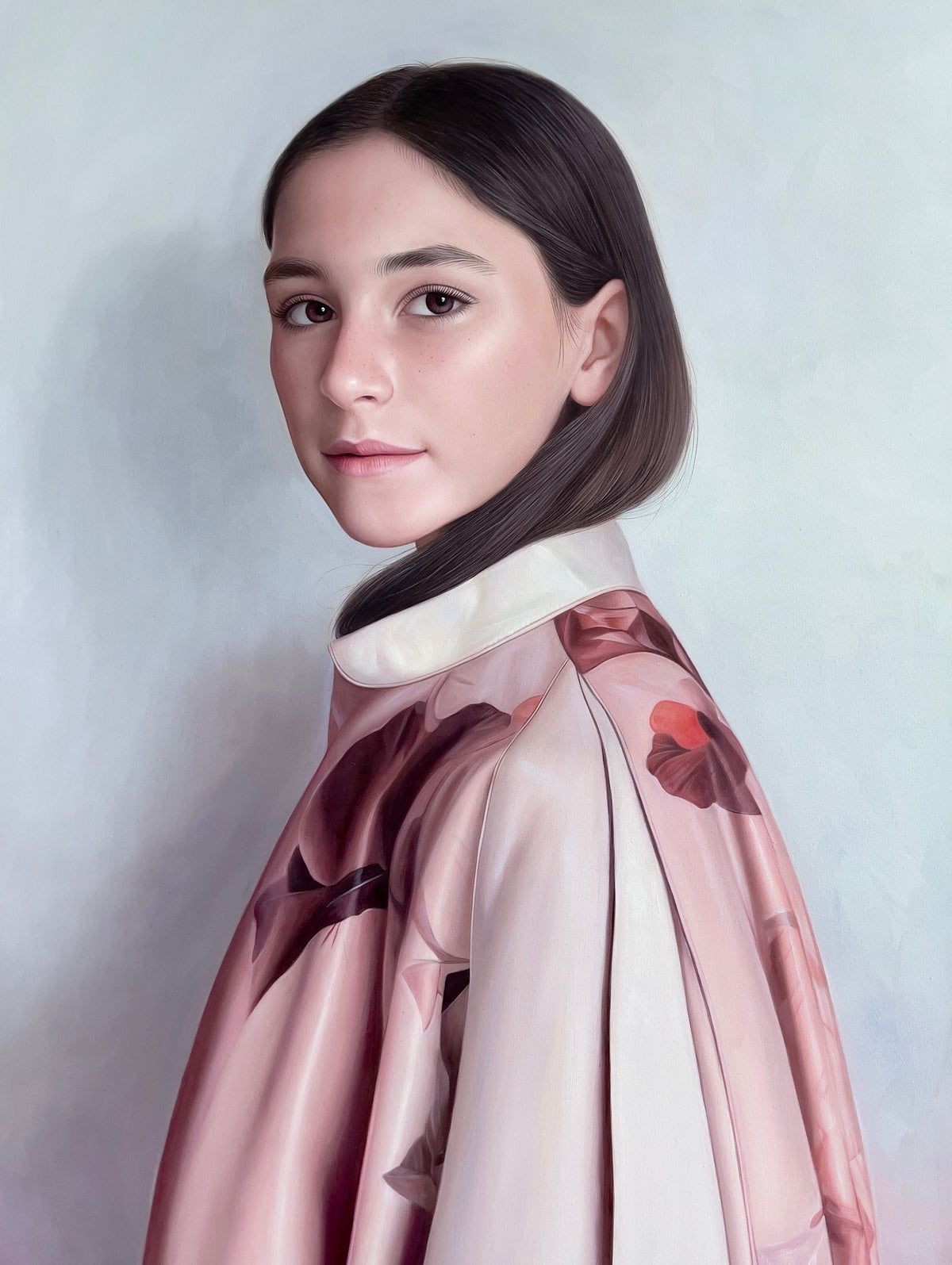 MEFREEK Seth Jennemann Rome Wasn't Programmed In A Day hyperreal oil painting portrait of a young woman with brown hair wearing a pink satin floral garment, soft gray background, contemporary realism portrait painting