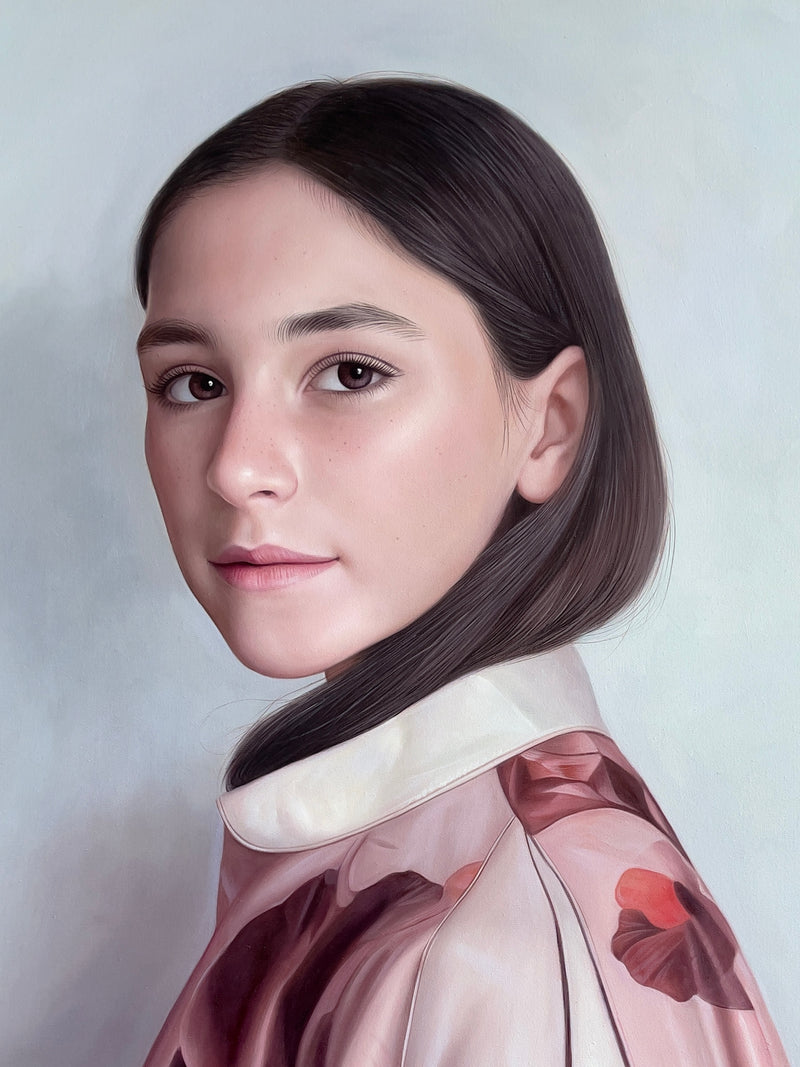MEFREEK Seth Jennemann Rome Wasn't Programmed In A Day detailed hyperreal oil painting portrait of a young woman in profile wearing a pink satin floral garment, soft gray background, contemporary realism portrait painting