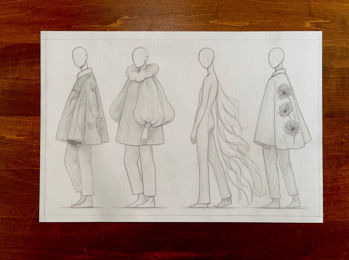 Seth Jennemann MEFREEK Rome Wasn't Programmed In A Day – pencil drawing in contemporary fashion illustration style featuring four faceless croquis figures in avant-garde garments, including oversized cape silhouettes, puffed sleeves, and flowing hair-like fabric elements, all rendered in soft graphite shading on white paper.
