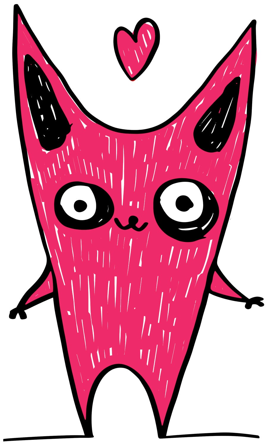 MEFREEK Seth Jennemann Jentlefriend character Roobi, a pink angular figure with large black eyes and a floating heart above its head. Vibrant pop art character design with energetic hand-drawn line texture and whimsical tone.
