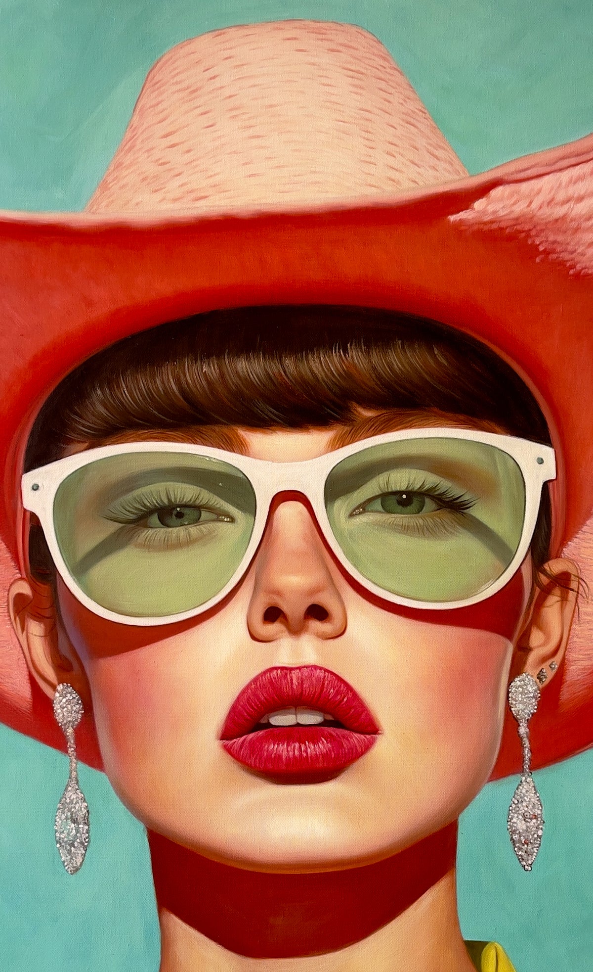 Seth Jennemann MEFREEK Rooms Full Of Empty People oil painting close-up hyperreal pop portrait green tinted eyes pink hat diamond earrings glossy red lips
