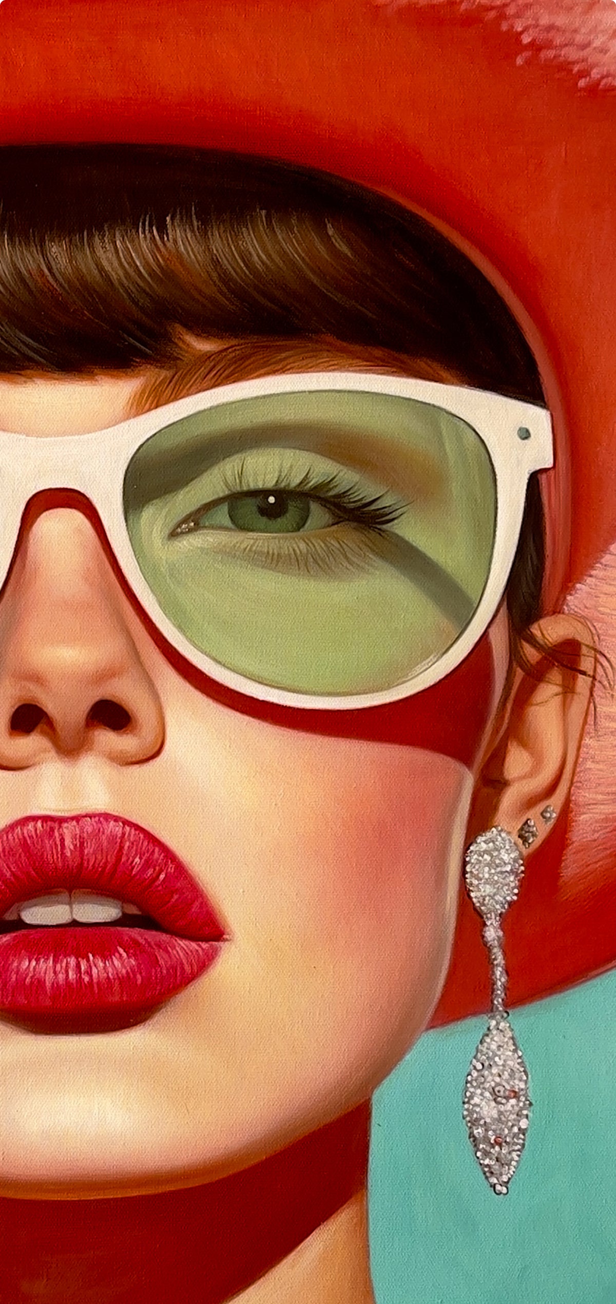 Seth Jennemann MEFREEK Rooms Full Of Empty People oil painting cropped hyperreal pop portrait single green eye giant pink hat red lips sparkling earring