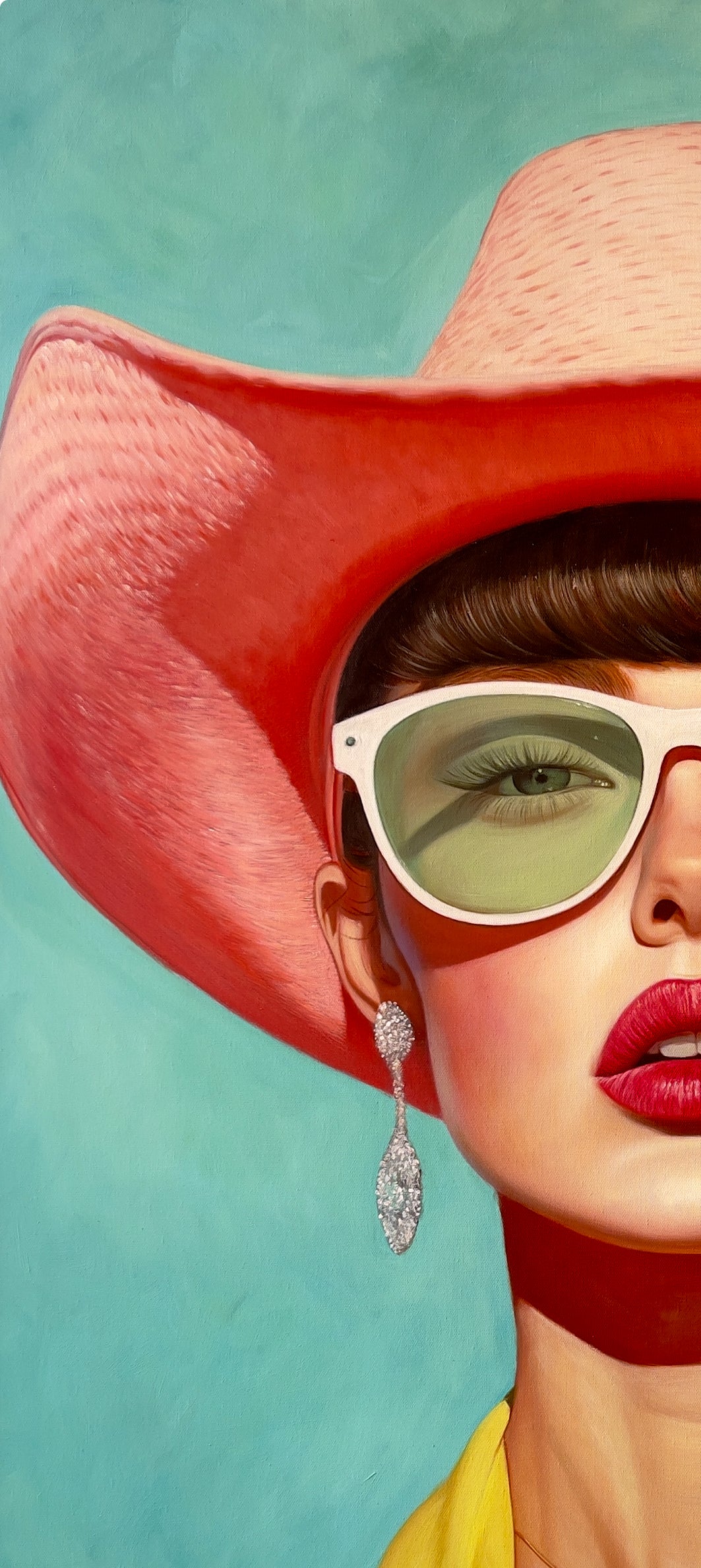 Seth Jennemann MEFREEK Rooms Full Of Empty People oil painting hyperreal pop art detail oversized pink cowboy hat green sunglasses turquoise backdrop

