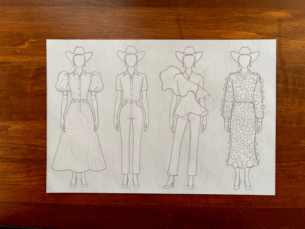 Seth Jennemann MEFREEK — Rooms Full of Empty People, graphite pencil fashion illustration in contemporary sketch style. Four faceless figures wear cowboy hats with varying avant-garde western outfits featuring puff sleeves, sculptural ruffles, tailored pants, and a patterned skirt on a neutral paper background.