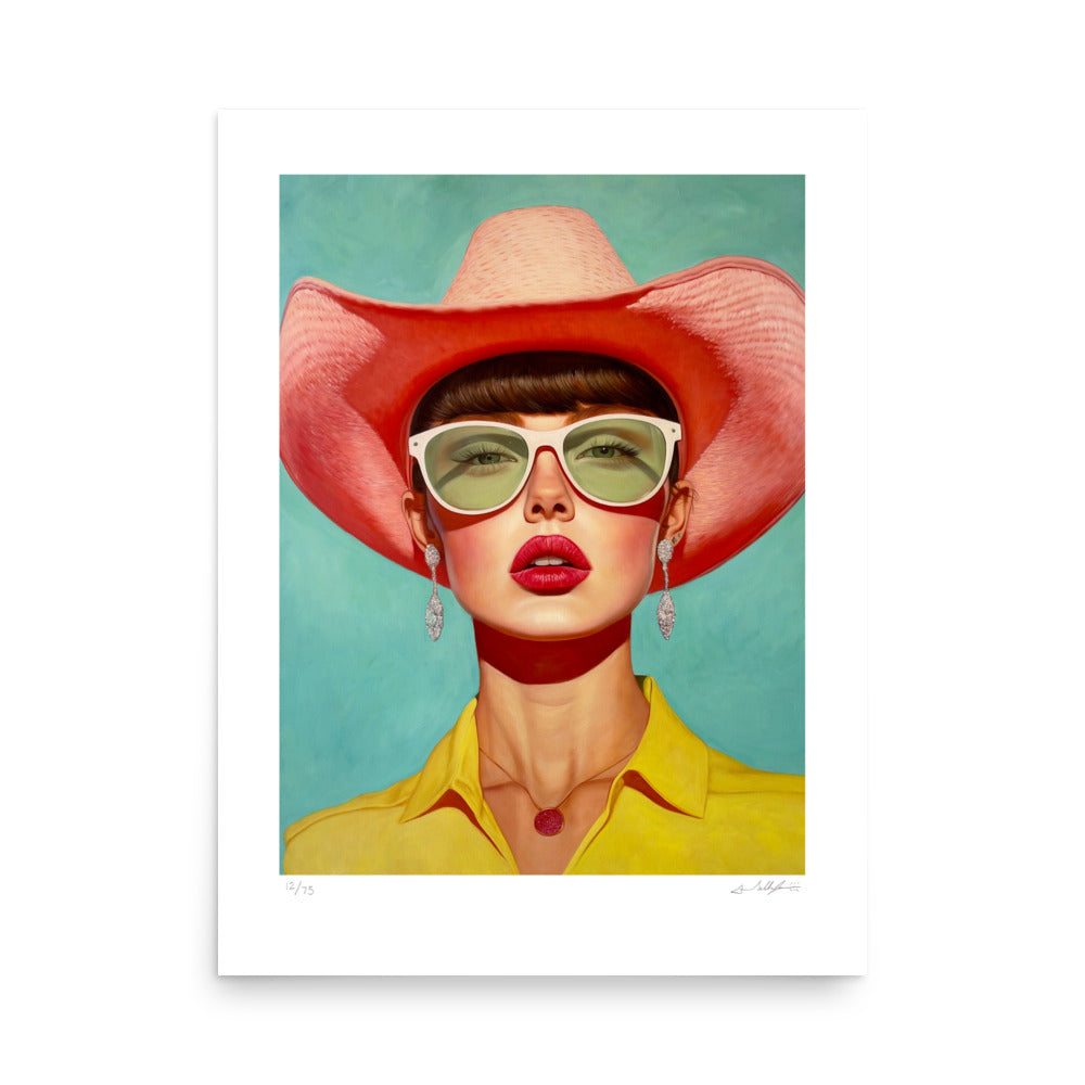 MEFREEK Seth Jennemann limited Edition print 18 x 24 Rooms Full Of Empty people. stylized portrait print of a woman in a pink cowboy hat oversized sunglasses bold red lips and yellow shirt centered within a white margin on a neutral background featuring a teal backdrop and highly rendered smooth shading