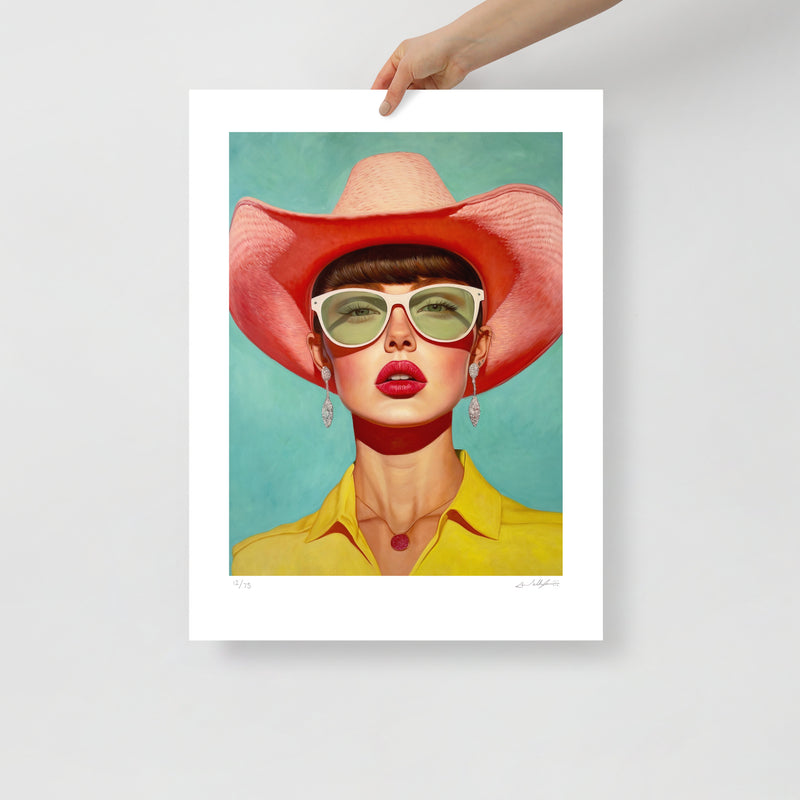 MEFREEK Seth Jennemann limited Edition print 18 x 24 Rooms Full Of Empty people. stylized portrait print of a woman wearing a large pink cowboy hat oversized sunglasses red lips and yellow shirt centered on white border held by a hand against a neutral background with vivid teal backdrop and smooth blended shading