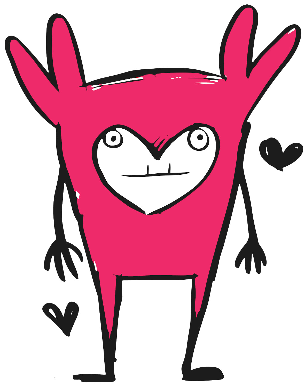 MEFREEK Seth Jennemann Jentlefriend character Roost, a pink horned figure with raised ears and a white heart-shaped chest marking. Vibrant modern pop art character illustration with minimalist black line details and expressive energy.
