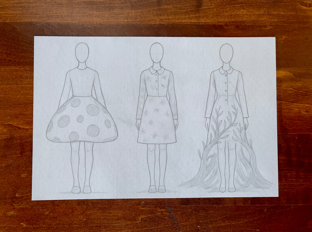 Seth Jennemann MEFREEK Running In Circles In An Open Field – pencil drawing in contemporary fashion illustration style featuring three faceless croquis figures wearing conceptual dresses inspired by mushrooms, stars, and organic root-like growths, symbolizing a surreal connection between nature and design.
