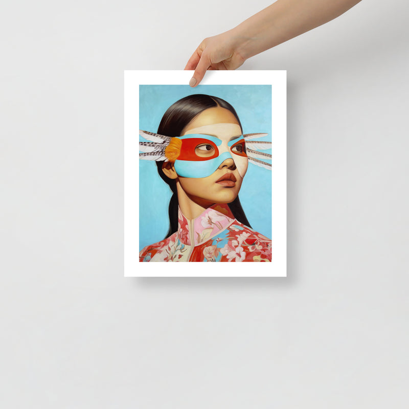 MEFREEK Seth Jennemann Open Edition Print She Likes It Better Wrong being held; vivid hyperreal portrait featuring red, turquoise, and cream mask details, floral patterned attire, and smooth gradient background in a minimalist composition.