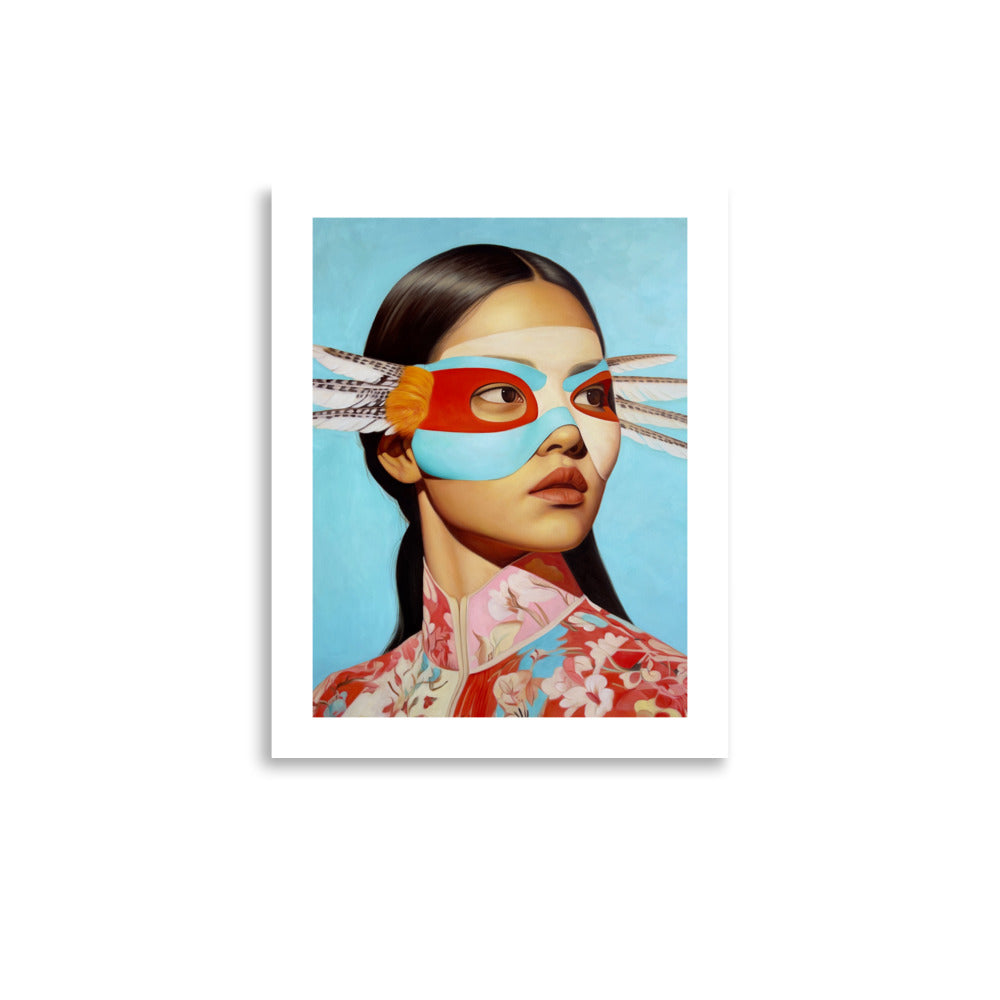 MEFREEK Seth Jennemann Open Edition Print She Likes It Better Wrong unframed; hyperreal portrait of a woman wearing a bold blue and red feathered mask and floral top against a soft turquoise background, blending realism with surrealist pop detail.